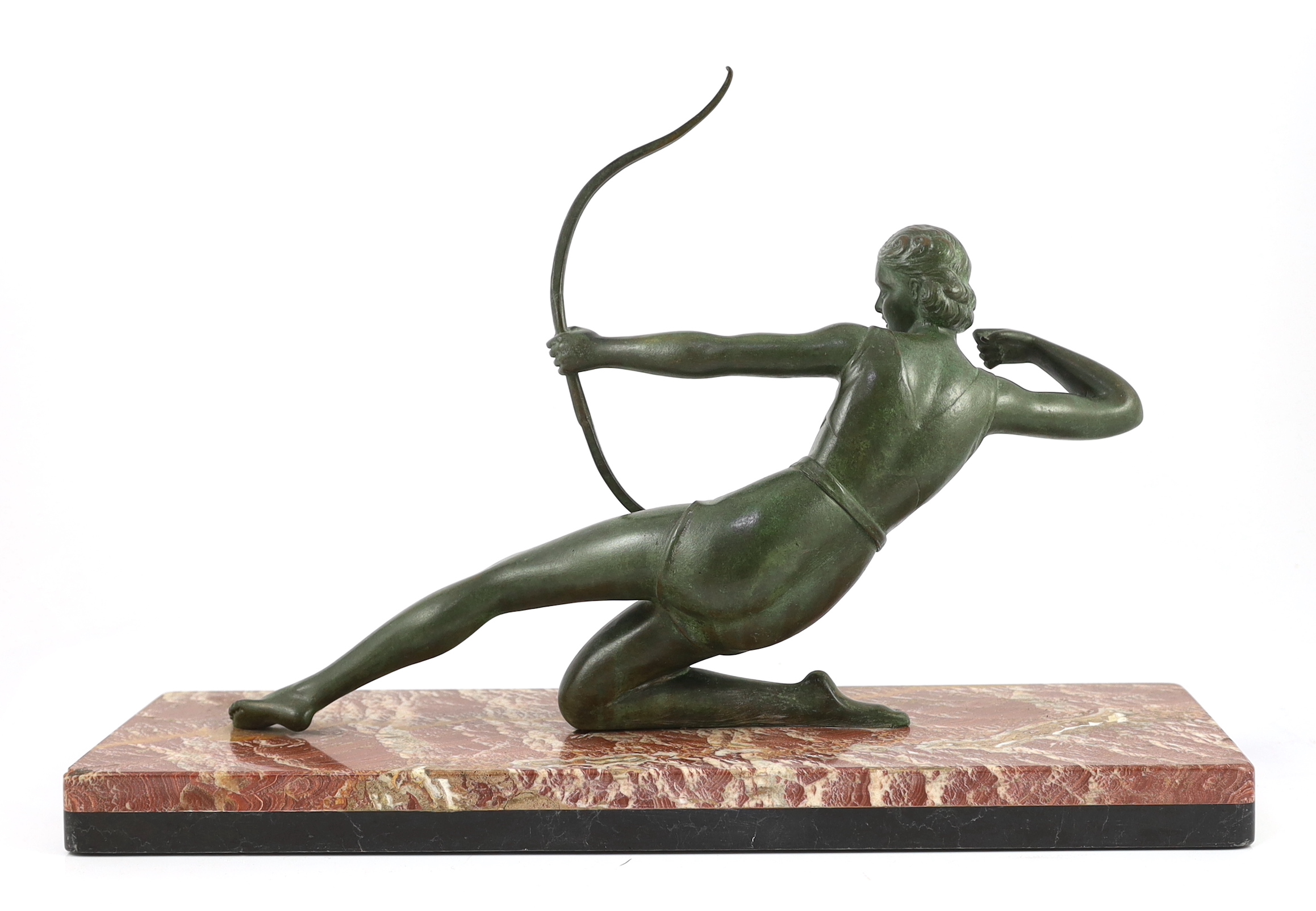 Salvatore Melani (Italian, 1902-1934). An Art Deco bronze figure of a female archer, 57cm wide, 17cm deep, 38cm high